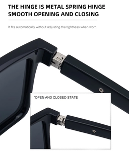 Detail of metal spring hinge on square frame sunglasses for flexible temple fit