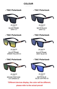Multiple color options for square polarized sunglasses shown in a six-grid product layout