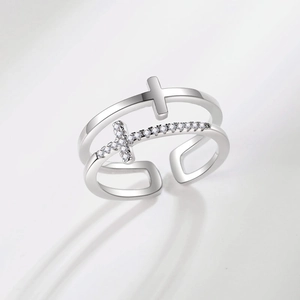 Double-layered silver cross ring with sparkling crystals and adjustable open design