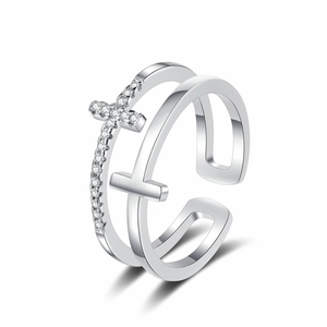 Double-layered cross open ring for women with cubic zirconia pave settings in silver