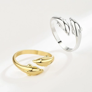 Minimalist gold and silver dolphin open rings with sparkling stone details for women