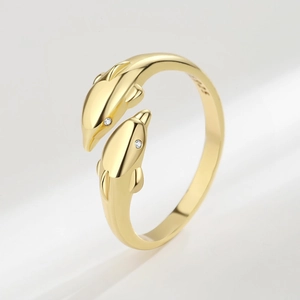 Minimalist S925 sterling silver golden double dolphin open ring with zircon eyes