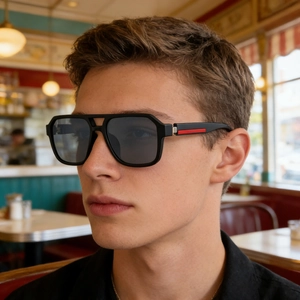 Classic black square sunglasses for men with sporty red stripe detail on temples