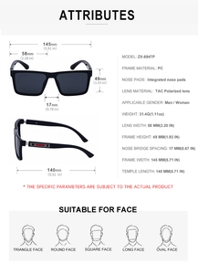 Detailed technical specification chart for square polarized sunglasses with dimensions