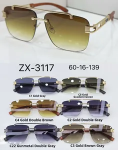 Detail view of square rimless sunglasses featuring wood grain temples and metal double bridge