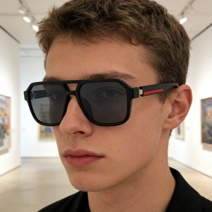 Close-up of square pilot sunglasses featuring a double bridge and iconic red temple detail