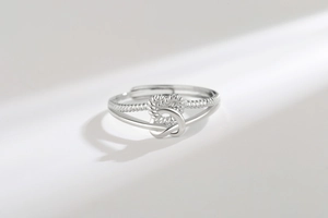 Detailed view of silver twist rope ring with an adjustable open double layer band design