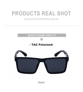 Front view detail of square polarized sunglasses with black frame and grey TAC lenses
