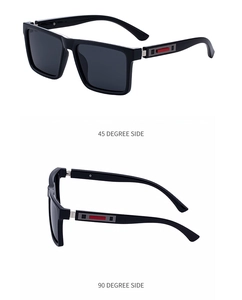 Detailed side view of square black polarized sunglasses showing red and grey temple accents