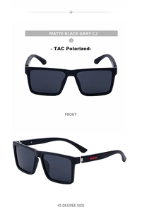 Detail view of matte black polarized sunglasses with grey lenses and red temple accents