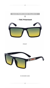 Detail view of square black sunglasses featuring green-yellow gradient polarized lenses
