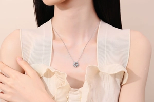 Detail shot of zircon ferris wheel necklace showing elegant geometry on the neck