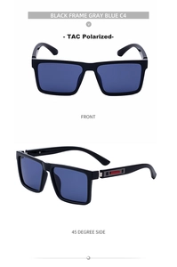 Detail of square polarized sunglasses featuring gray blue TAC lenses and metal accents