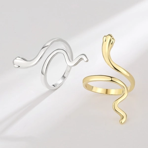 Vintage snake-shaped open rings in gold and silver finish with high-polished surface