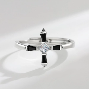 Minimalist adjustable cross ring with sparkling zircon and black gemstone accents