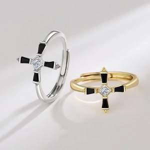 Adjustable cross rings with black inlay and sparkling zircon in gold and silver finish