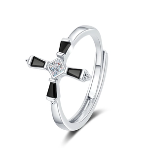 Adjustable silver cross ring with black enamel and square zircon in minimalist gothic style