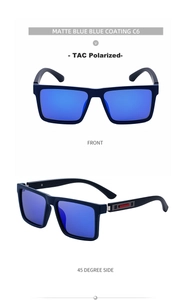 Detail of matte blue polarized square sunglasses with stylish red and grey metal trim