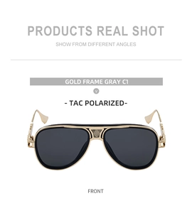 Frontansicht der Pilotenbrille aus Goldmetall mit grauen TAC-polarisierten Gläsern