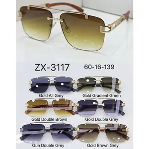 Square rimless sunglasses for men with metal double bridge and wood grain temples