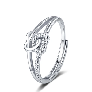 Silver twist knot open ring featuring unique dual texture woven design in punk style