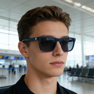 Matte dunkelblaue polarisierte quadratische Sonnenbrille für Herren am Flughafen getragen