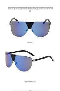 Vue détaillée des lunettes pilote gris métal avec revêtement bleu et verres gris