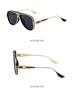 Detail der Flieger-Sonnenbrille mit Goldrahmen, V-Muster und gravierten Scharnieren