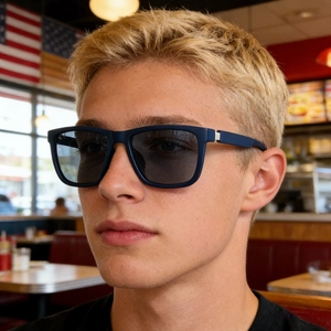 Nahaufnahme der matt dunkelblauen quadratischen Polarisations-Sonnenbrille in einem Café