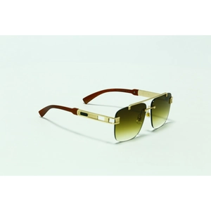 Retro rimless square sunglasses with gold metal double bridge and faux wood grain temples