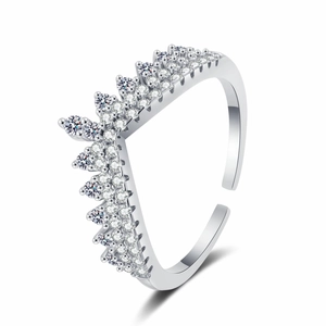 Elegant V-shaped silver crown ring with sparkling crystals and adjustable open band