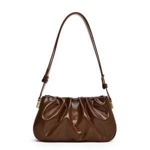 Brown pleated cloud shoulder bag in glossy PU leather with retro underarm style