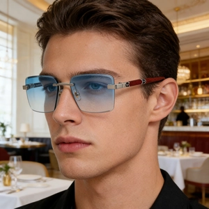 Rimless Rectangular Photochromic Sunglasses With Wood Grain Temples And Metal Bridge UV400 Protection Luxury Eyewear