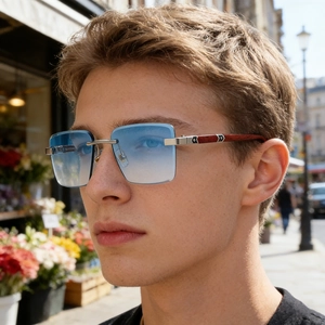 Men's rimless square sunglasses with blue gradient lenses and wood grain temples