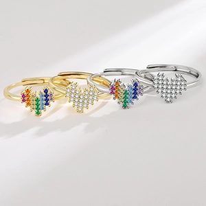 Adjustable rainbow heart rings in gold and silver finish with colorful zircon stones