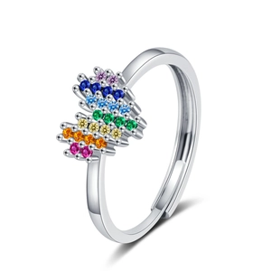 Rainbow cubic zirconia open ring in silver finish with colorful heart-shaped stones