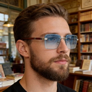 Detail view of square rimless sunglasses with blue gradient lenses and walnut wood temples