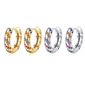 Rainbow Cubic Zirconia Hoop Earrings Copper Micro Pave Spiral Twist Retro Huggie Style Fashion Jewelry For Women