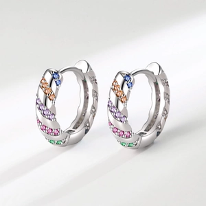 Vintage silver twisted hoop earrings with micro-set rainbow zircon stones for women