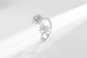 Détail de la bague toile d'araignée rotative avec zircons brillants en finition argent