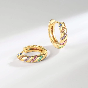 Retro gold plated hoop earrings with colorful micro-pave cubic zirconia gemstones