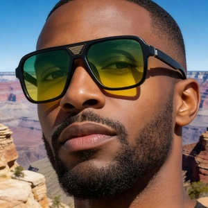 Detail of square polarized sunglasses with yellow-green gradient lenses and gold bridge bar