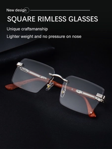 Detail of square rimless sunglasses showing wood grain temples and silver metal hinges