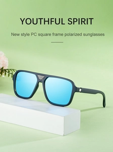 Detail of square polarized sunglasses with PC frame and blue mirrored lenses on a pedestal