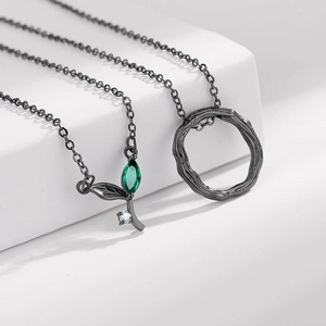 Collana In Rame Con Pendenti Foglia E Cerchio Anello Annuale Zircone Nero Gunmetal Stile Foresta Per Uomini Donne