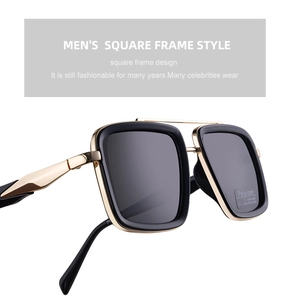 Macro shot of polarized square sunglasses with gold metal double bridge and UV400 marking