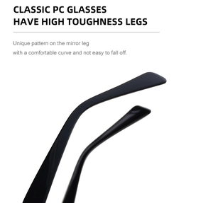 Detailed macro view of the black PC temples showing the high toughness and ergonomic curve