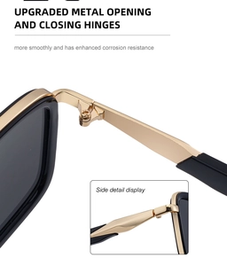 Close-up of premium reinforced gold metal hinges on retro square polarized sunglasses