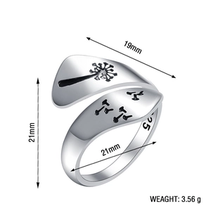 Silver dandelion flower and forest pattern open ring with detailed nature engraving