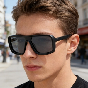 Modern men's square polarized sunglasses with matte black frames for a stylish outdoor look